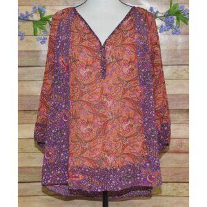 Chaps Colorful Floral Blouse Size XL 3/4 Sleeve Lightweight V-Neck 1/4 Button Up